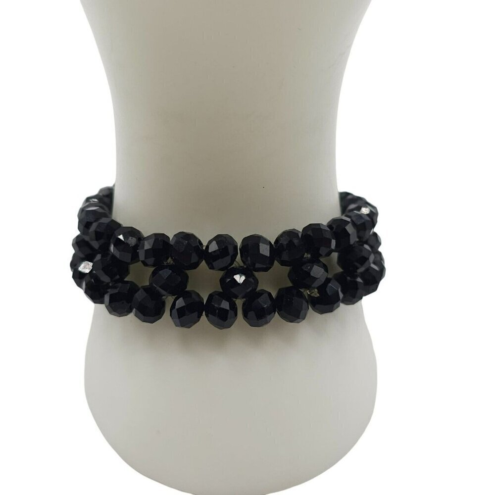 Black Glass Beaded Stretch Double Strand Bangle Bracelet Vintage
